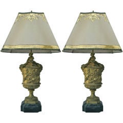 Antique Pair of 19th C. Bronze Cherub Lamps with Hand Painted Shades