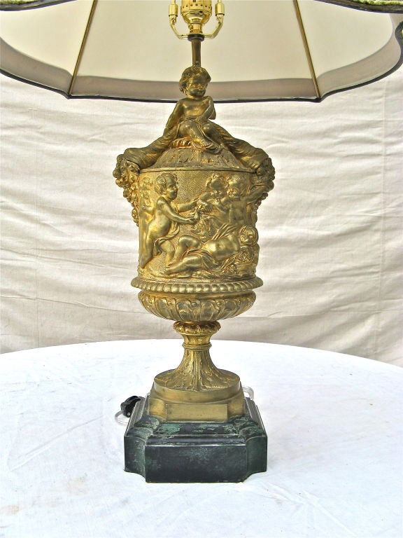 Pair of 19th C. Bronze Cherub Lamps with Hand Painted Shades