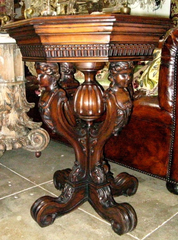 Carved Octagonal Figural Walnut Side Table C. 1900's