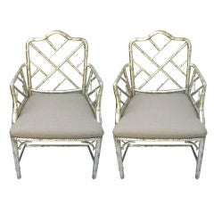 Pair of White Gilt Bamboo Style Armchairs C. 1930's