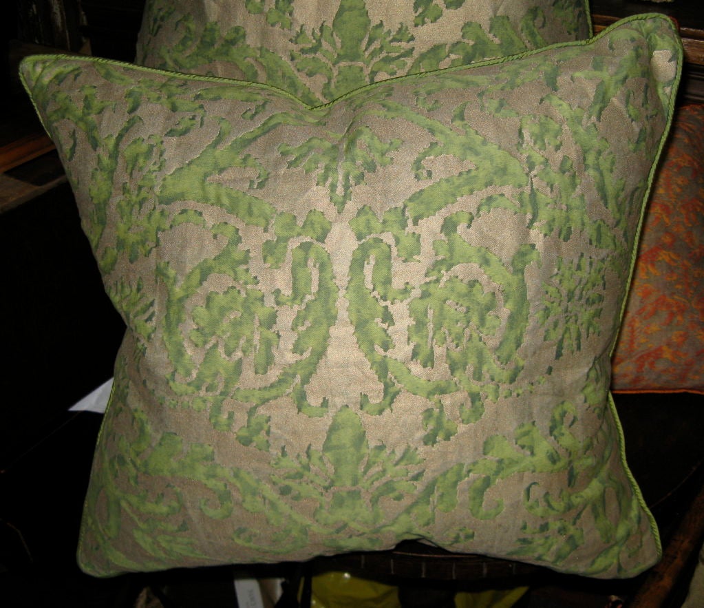 Description: Authentic Fortuny pillows stamped in metallic silvery gold on a vibrant green backgroud. Mariano Fortuny was a genious in developing his new printing techniques. 