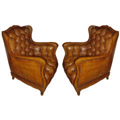 Pair of Biedermeier Leather Tufted Armchairs