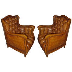 Pair of Biedermeier Leather Tufted Armchairs