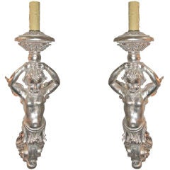 Pair Of White Gilt Carved Figural Sconces C. 1930's