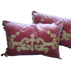 Pair of Antique Silk Velvet Appliqued Pillows