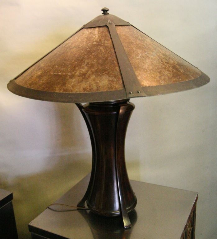 San Francisco Arts and Crafts table lamp in original patina.These were made with Japanese bronze vases for bases and local metal workers such as Harry Dixon made the shades.