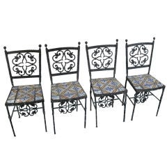 Antique Unusual Set of Wrought Iron and Tile Chairs