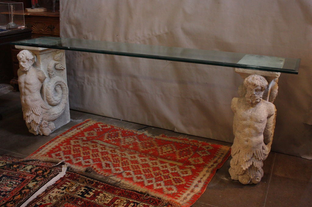 Late 20th Century Overscale Carved Limestone and Glass Entry Table