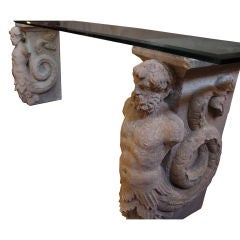 Vintage Overscale Carved Limestone and Glass Entry Table