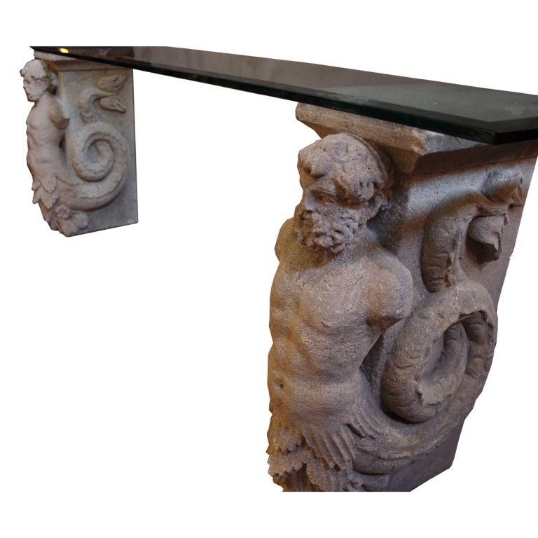 Overscale Carved Limestone and Glass Entry Table
