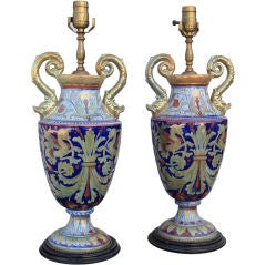 Antique Nice Pair of Italian Majolica Lamps