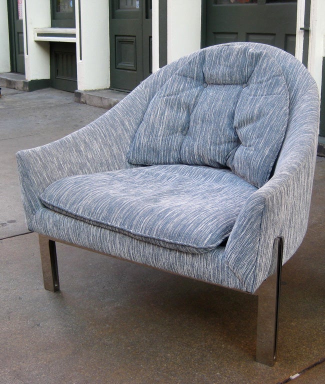 Beautiful Pair of Club Chairs.  Extremely heavy double bar 3 legged chairs from Bethlehem Steel 1969 President's Office. Covered in a textured soft pale blue fabric.  Designed by Edward Axel Roffman.