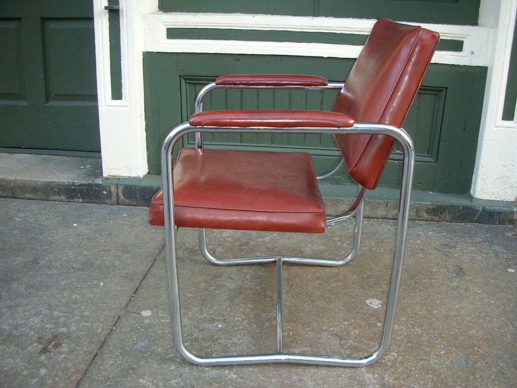Seldom Seen Original William Lescaze Chrome Chair with leatherette oxblood color seat and back.  This International Style Building which is a National landmark was designed in the early 30's by Lescaze and Howe.  All furniture was designed by