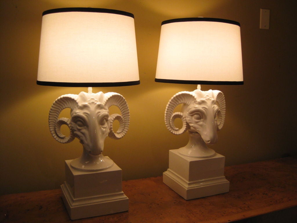 Pair of white ceramic Ram's head Lamps with new shades. Rams Heads are 18 inches high and 12 horn to horn