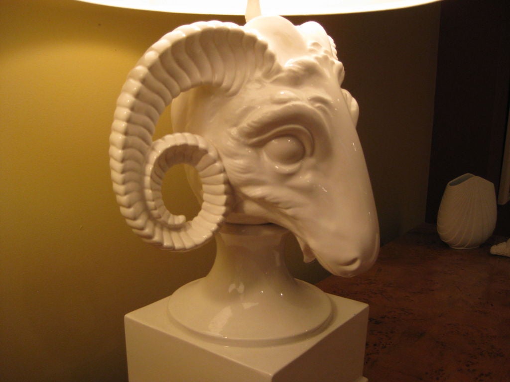 American Pair of Ceramic Ram's Head Lamps