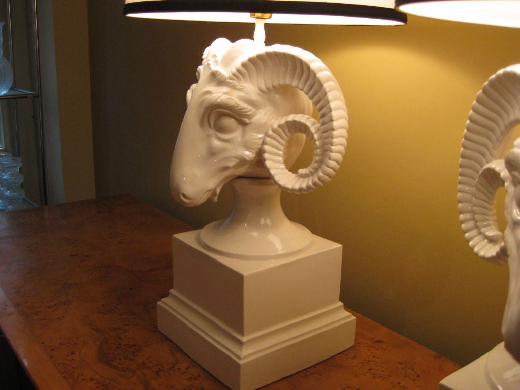 Late 20th Century Pair of Ceramic Ram's Head Lamps