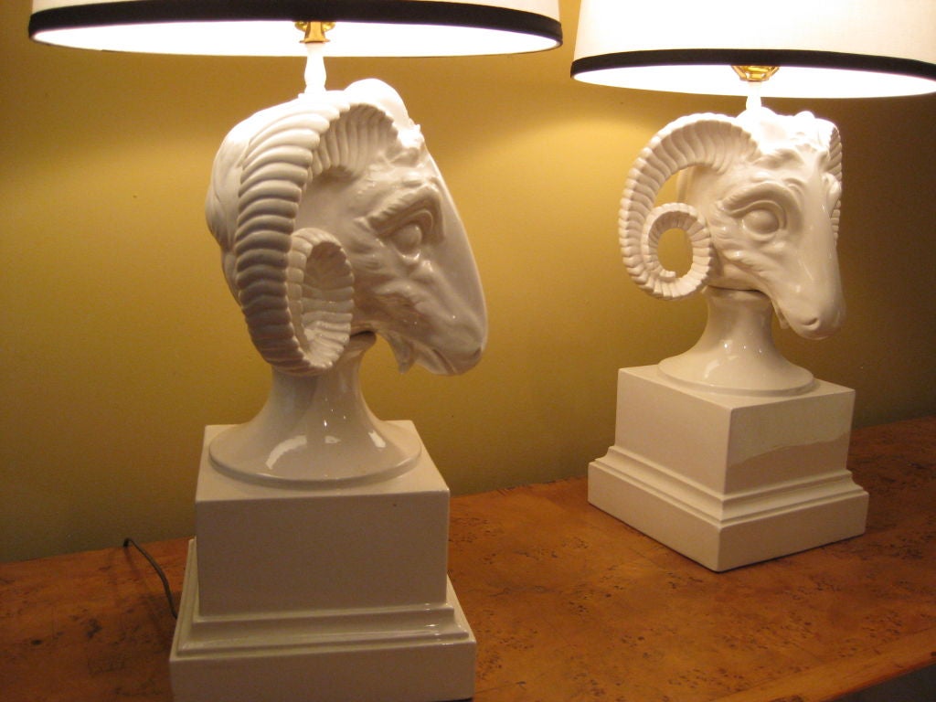Pair of Ceramic Ram's Head Lamps 5