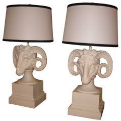 Pair of Ceramic Ram's Head Lamps