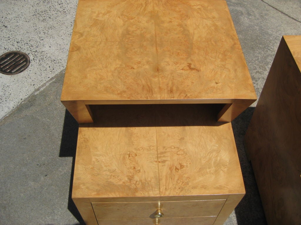 American Pair of Red Lion Burled Nightstands with Polished Brass