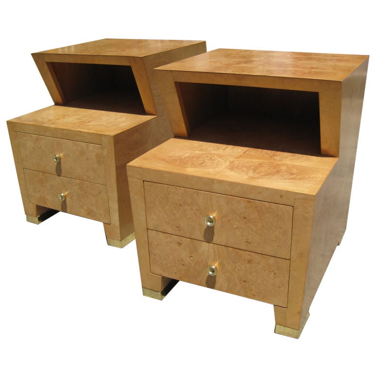 Pair of Red Lion Burled Nightstands with Polished Brass