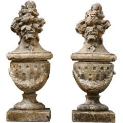 Pair of French Antique Milled Stone Garden Finials