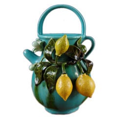 French Antique Majolica Pitcher with Lemons and Blossom from APT