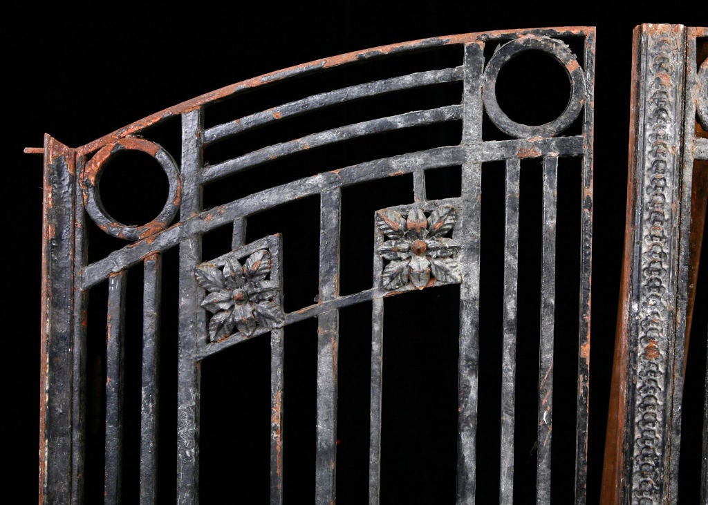 Pair of French Antique Art Deco Style Iron Gates and Matching Balcony Railing. Measurements of gates are: ht 66