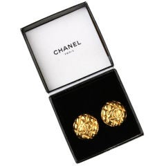 Classic CHANEL Vintage Gilt Quilted Logo Earrings