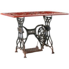 French Antique Cast Iron Sewing Table with Mosaic Marbletop