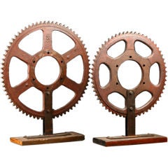 Vintage Iron Industrial Gears Mounted on Wooden Base
