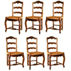 Set of 6 French Antique Walnut Ladderback Rush Seat Chairs