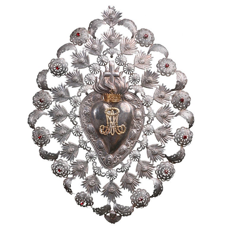 Beautiful Italian Antique Repousse Silver Ex-voto with Jewels