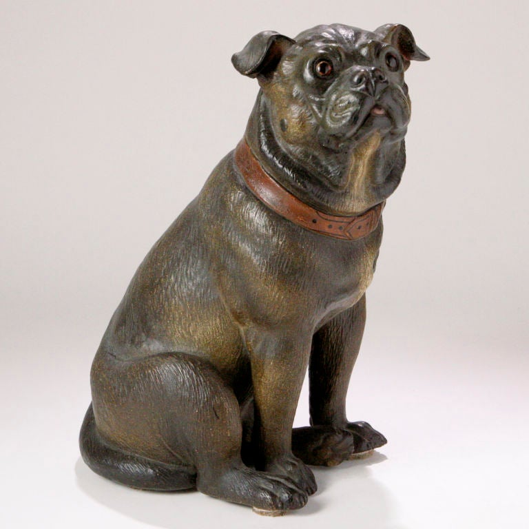 Charming Victorian English terracotta pug dog with realistic rust color buckle collar. Adorable ears!