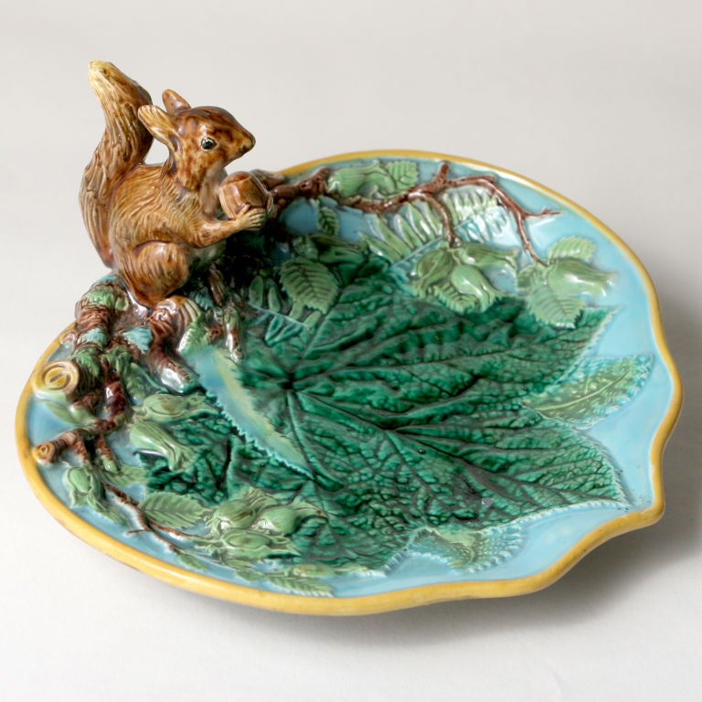 GEORGE JONES majolica server with large oak leaf and a squirrel sitting on branch holding a nut.  English Registry mark:  December 22, 1869.