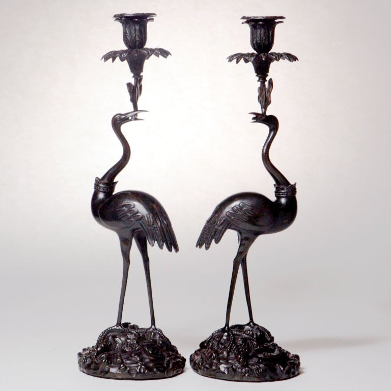 Classic Continental pair of bronze bird candlesticks with each bird standing on a raised rocky base and holding the candle holder in its beak.