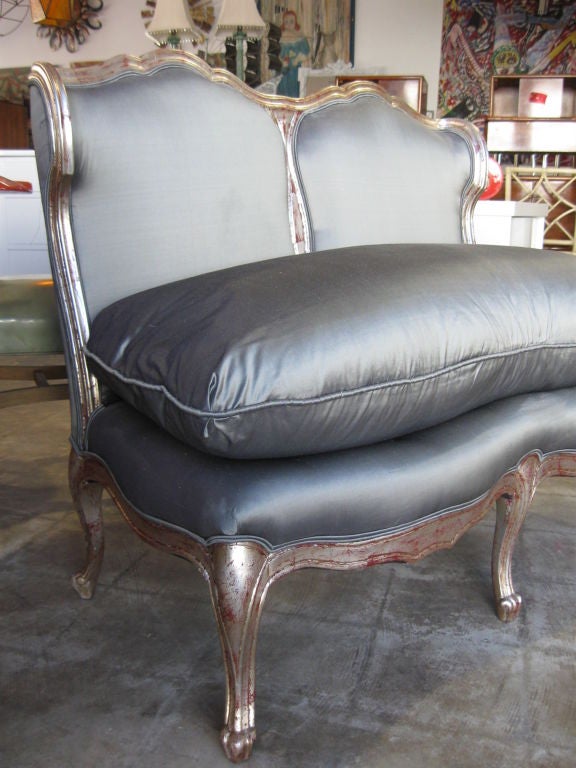 Superb 40's french, silver leaf, down filled, tight double loveseat, LXV Style, cabriole legs, a GEM!<br />
Light ware on the uphol, which seems more visible in pics than when looking at the piece, could be the reflection from the lights. <br
