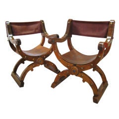 Used Elegant Pair of Old Spanish Tressel Style Chairs