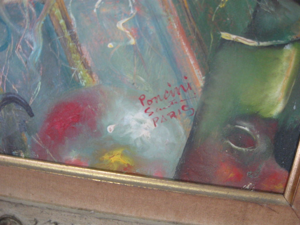 Huile originale sur toile de Poncini, peinte à Paris, représentant une petite fille et sa boîte à jouets : 