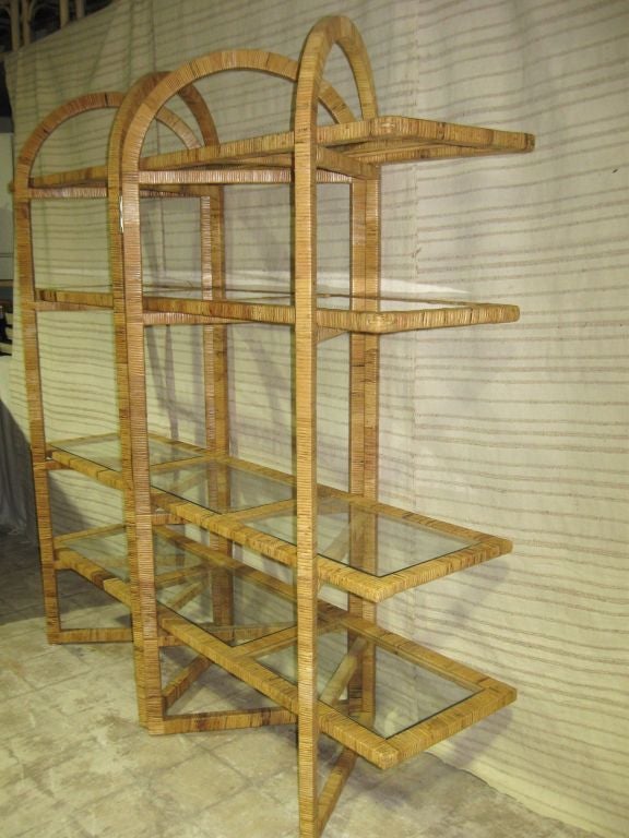 Late 20th Century 70's Wraped  Rattan and Glass Etagere