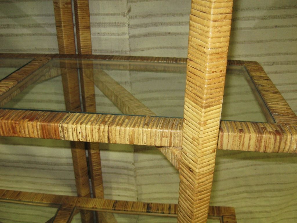 American 70's Wraped  Rattan and Glass Etagere