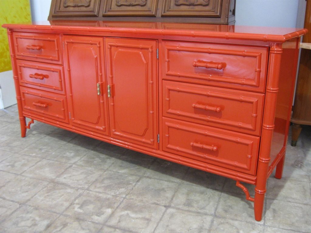 Elegant Faux Bamboo Lacquered Cabinet, Chinese Chippendale Red