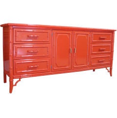Retro Elegant Faux Bamboo Lacquered Cabinet, Chinese Chippendale Red