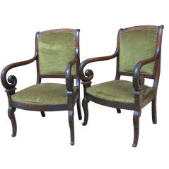 Superb Pair of French 19thC Directoire Scrolled Armchairs