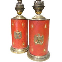 Vintage Pair of French Leather Bound Lamps with Brass Bee Emblems