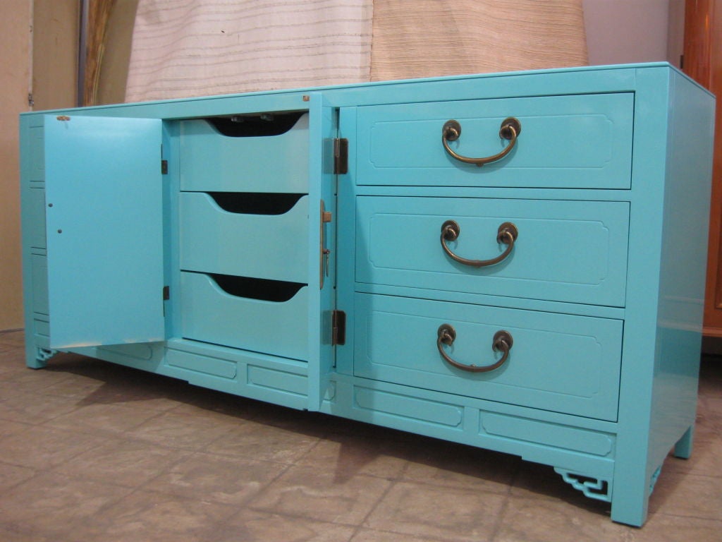 American Elegant Aqua Lacquered Ming Style Cabinet