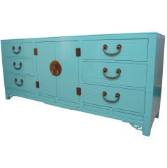 Elegant Aqua Lacquered Ming Style Cabinet