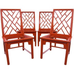 Set of 4 Lacquered Faux Bamboo Lattice Back Chairs