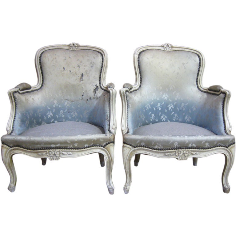 Pair of French LXV Style Antique Slipper Chairs/ Bergers