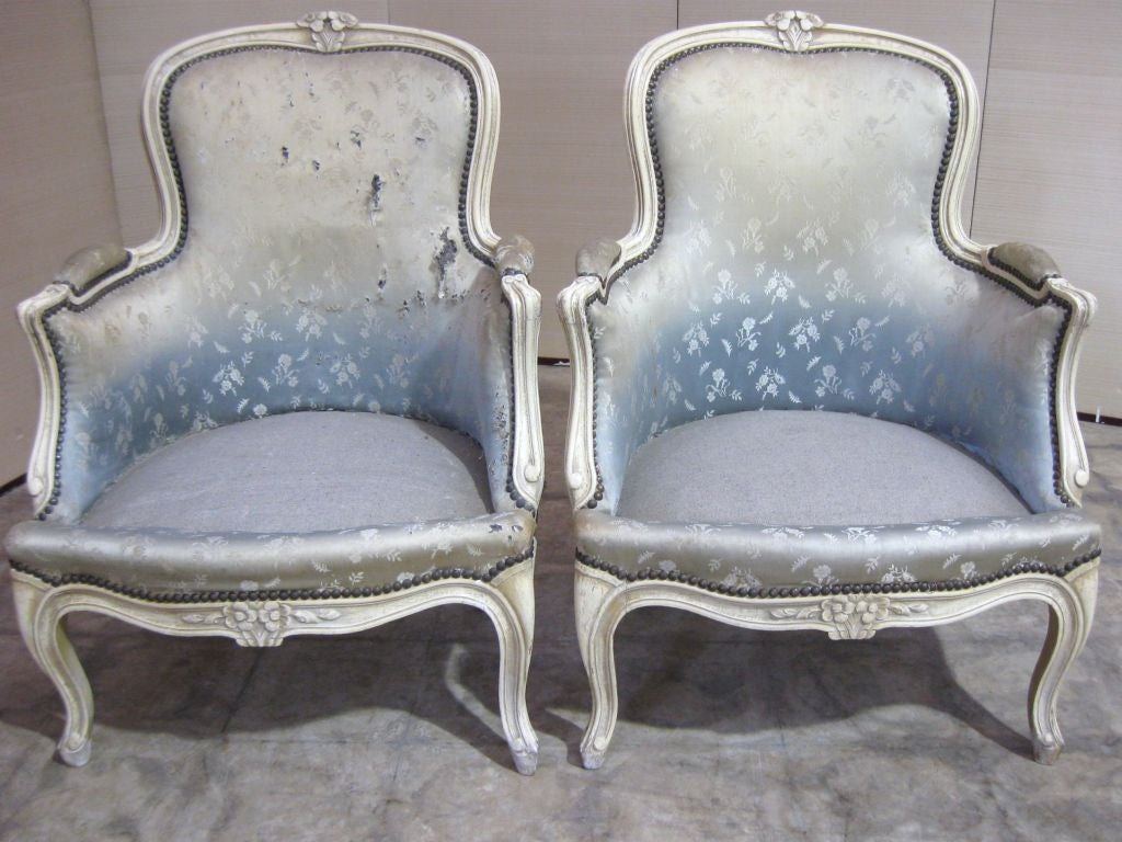 20th Century Pair of French LXV Style Antique Slipper Chairs/ Bergers