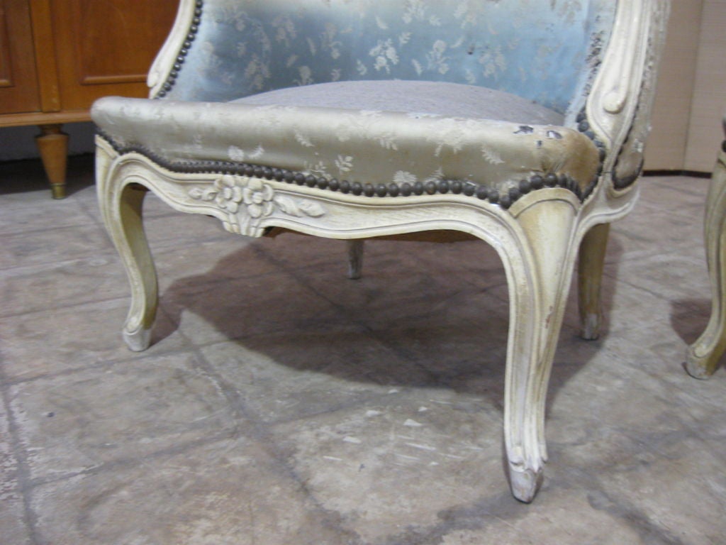 Pair of French LXV Style Antique Slipper Chairs/ Bergers 4
